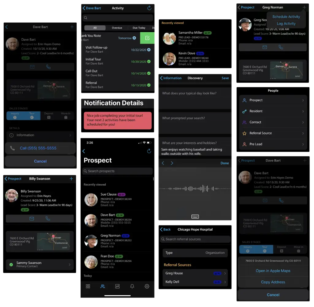 Enquire software dashboard showing user activity and prospect details.