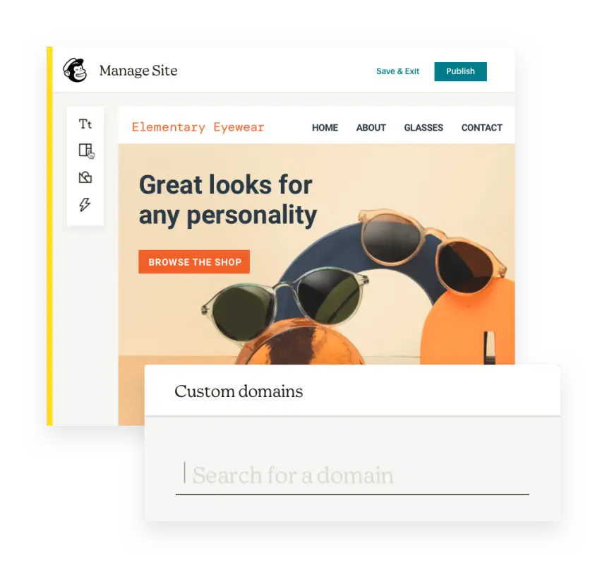 Mailchimp interface showcasing website management features.