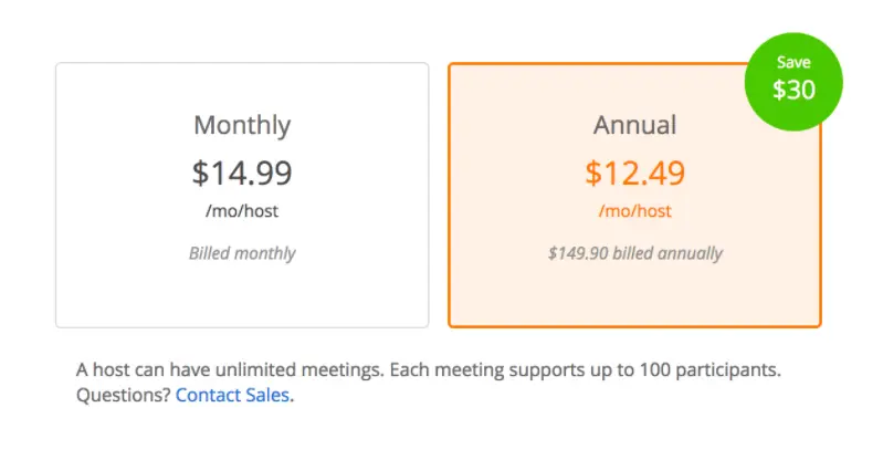 Pricing comparison showing monthly and annual subscription options for a hosting service.