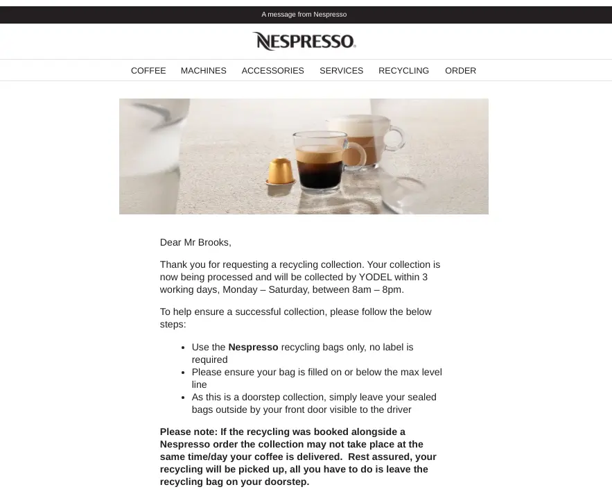 Nespresso recycling process instructions for collection service.