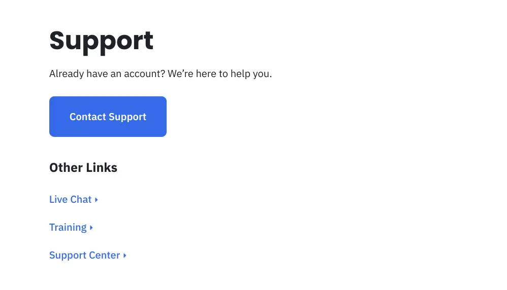 ActiveCampaign support page layout showing contact options and links.