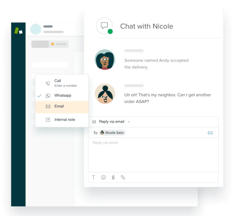 Live chat interface showing communication options with a contact named Nicole.