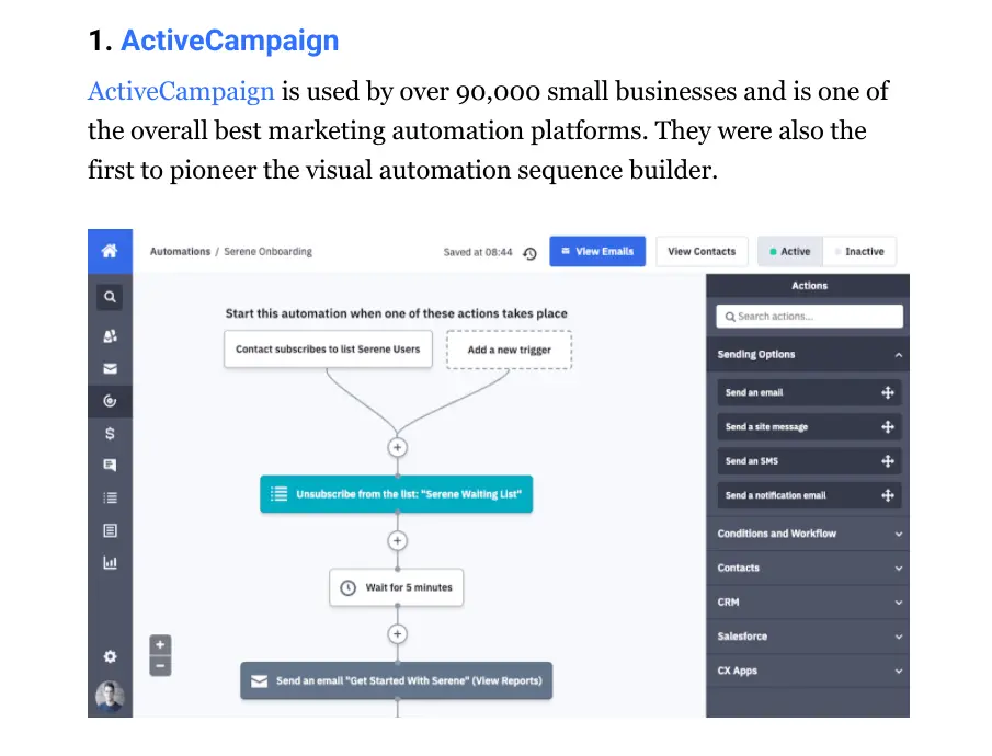 ActiveCampaign automation builder showing a user subscription sequence.