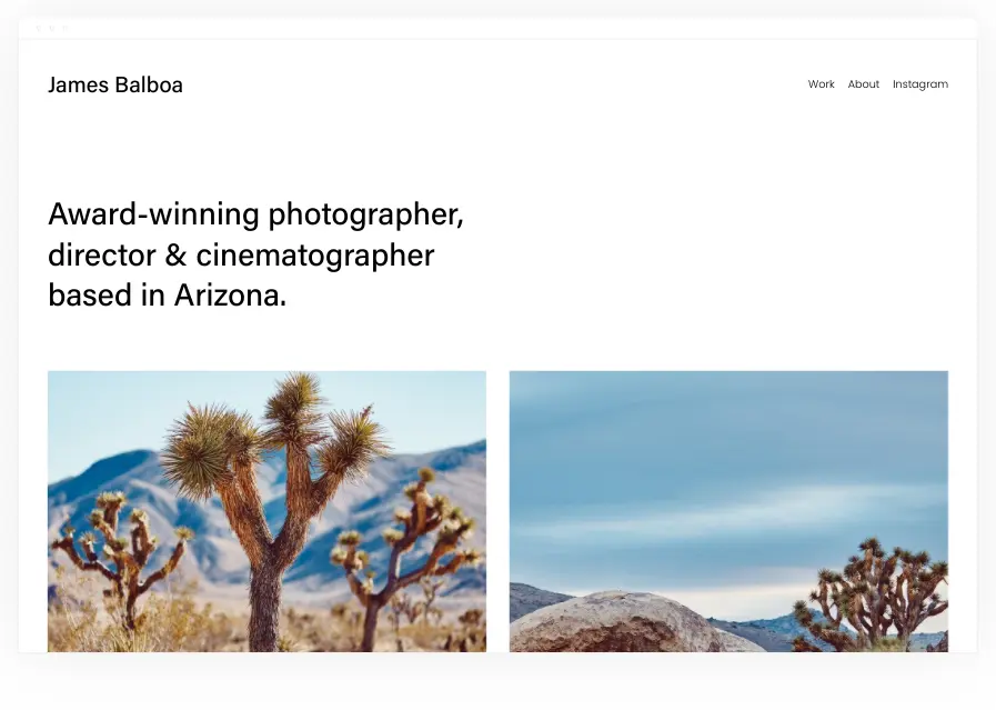 James Balboa's website showcasing photography portfolio with desert landscapes.