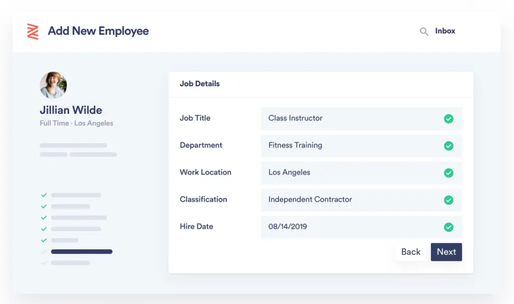 Zenefits employee onboarding form showing job details and classifications.
