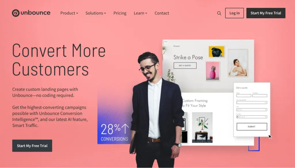 Unbounce landing page showcasing conversion statistics and design options.