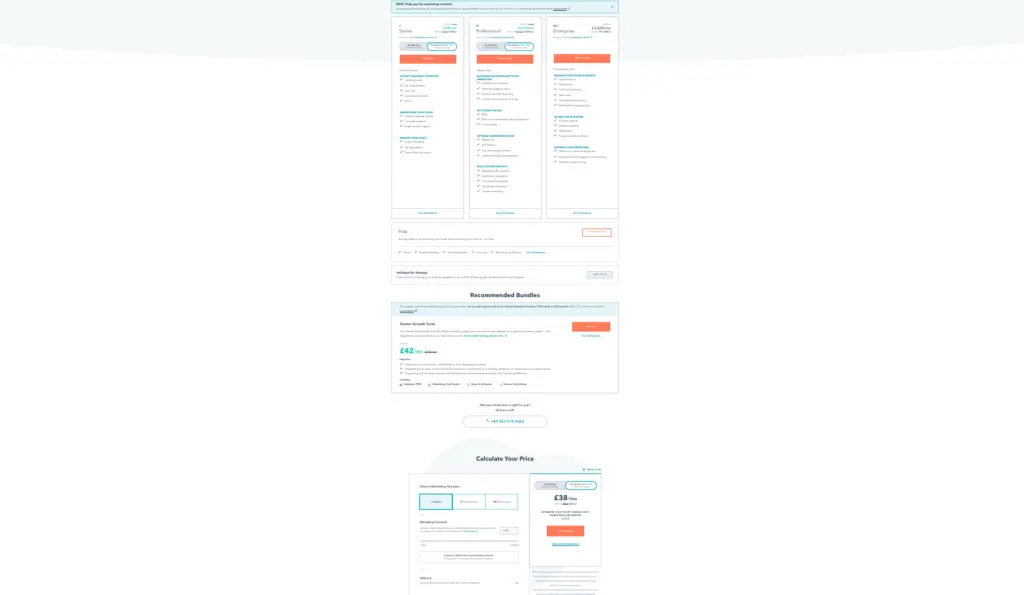 SaaS pricing page comparing feature bundles and calculation options.
