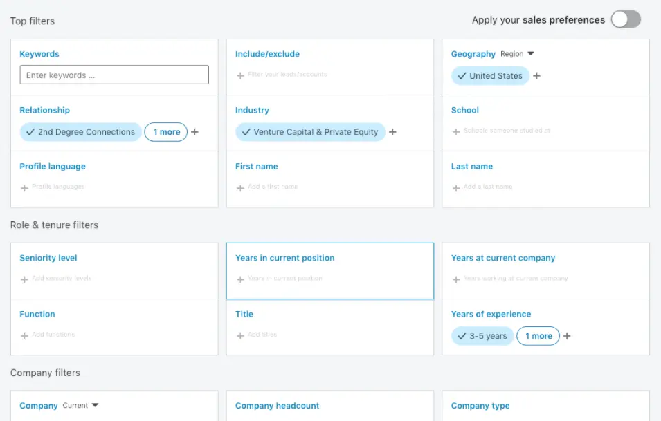 LinkedIn Sales Navigator showing lead prospect filter options.