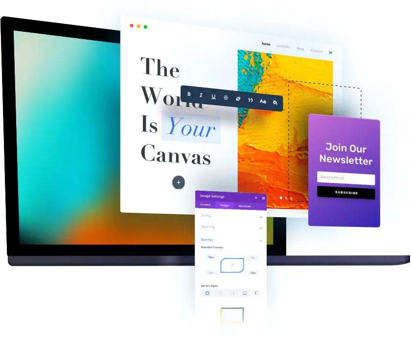 Website builder interface showcasing design customization and newsletter subscription options.