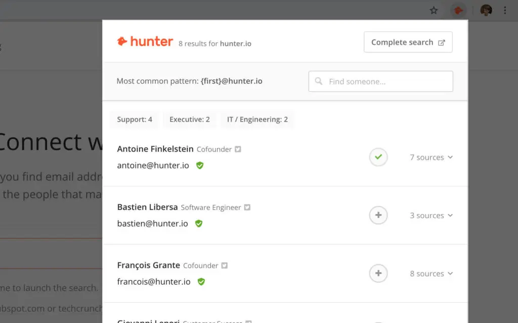 Hunter showing search results for email addresses.