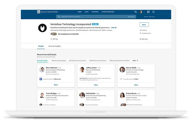 Sales Navigator showing recommended leads for Venotase Technology Incorporated.