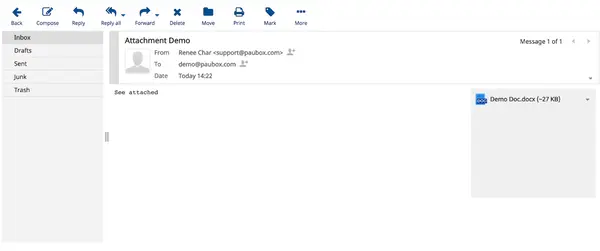 Paubox email inbox showing an attachment demo.