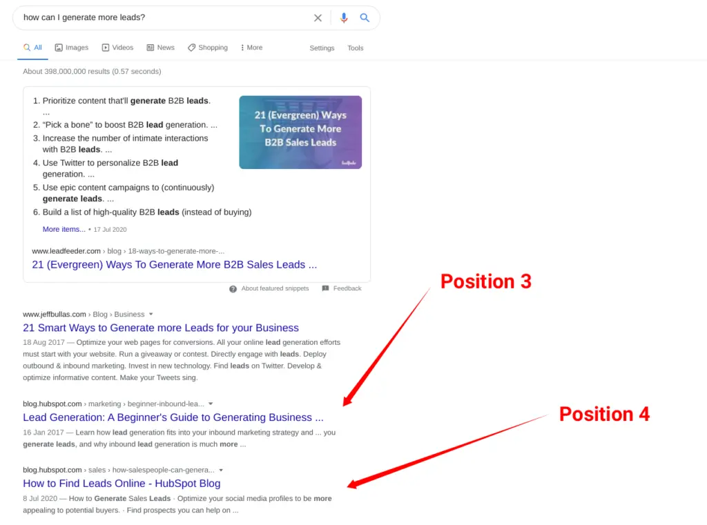 Google search results page showing HubSpot in the top results for "how can I generate more leads?
