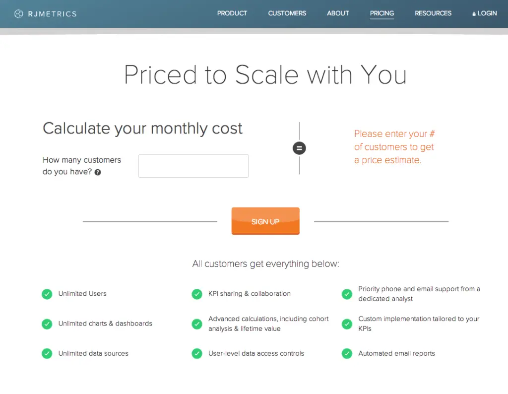 RJMetrics pricing page showcasing customer input for monthly cost calculation.