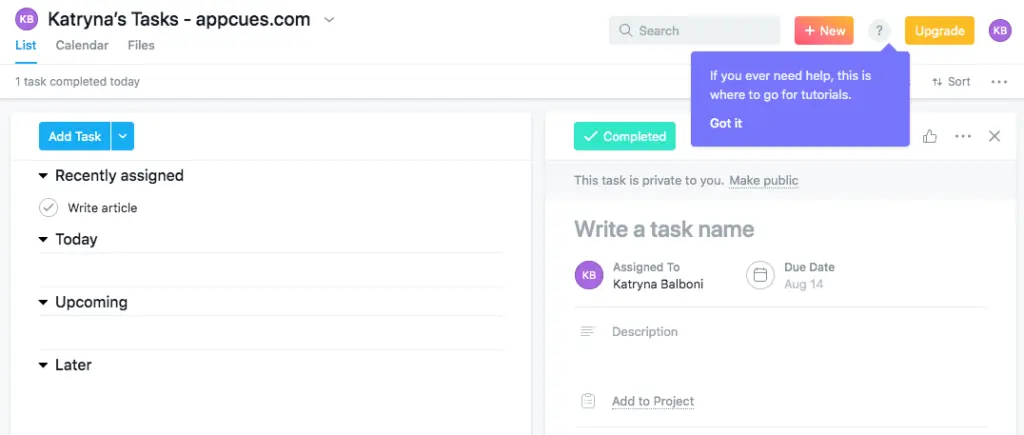 Asana offering walkthrough prompts for user guidance.
