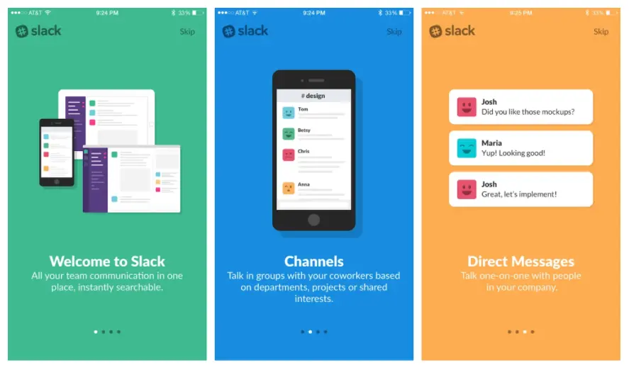 Slack onboarding screens showcasing app features and user interactions.