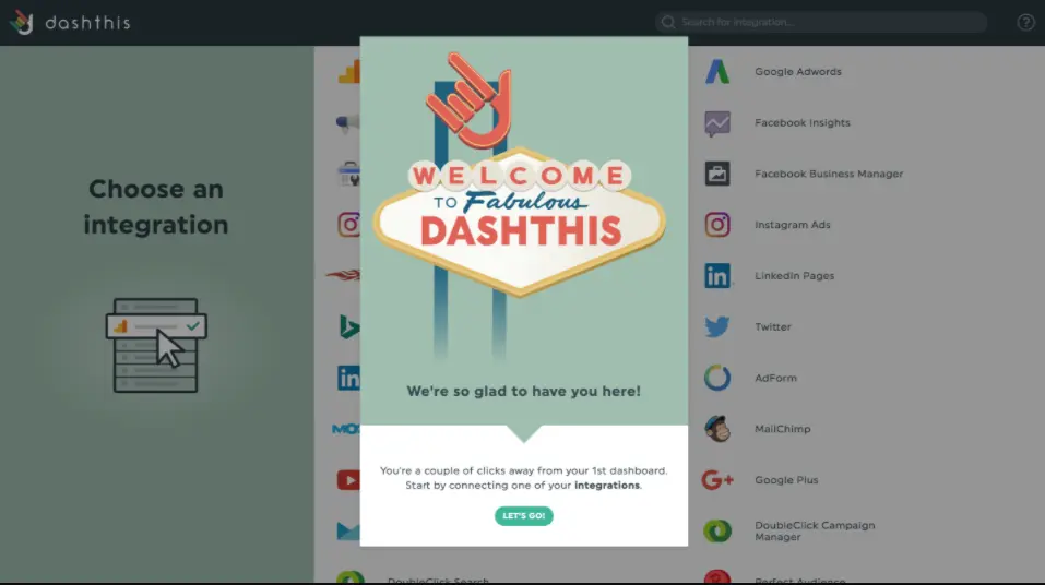 Doshthis onboarding screen welcoming users to start integrating their apps.