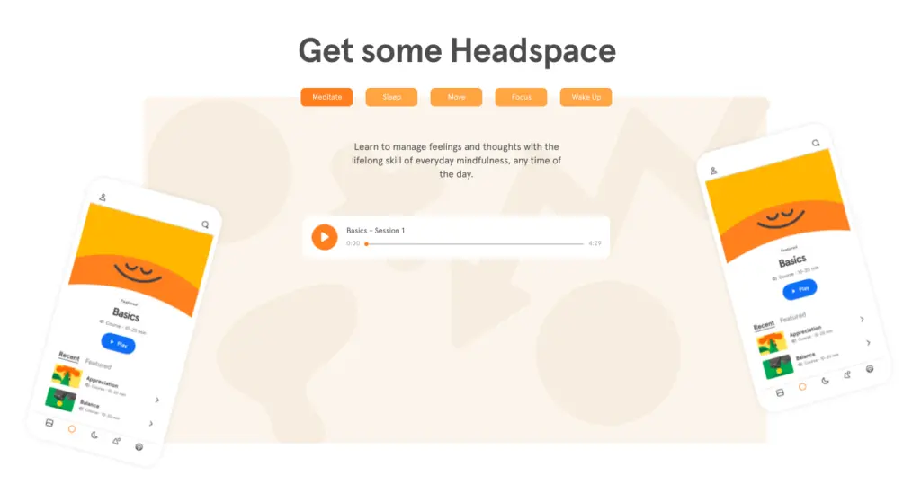 Headspace app showing mindfulness sessions and features.