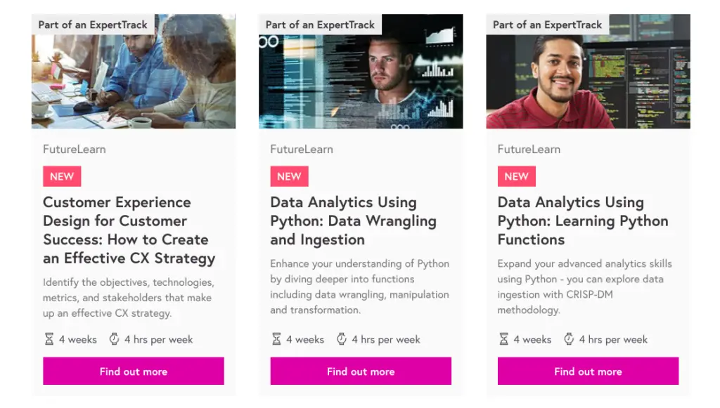 FutureLearn course options in customer experience and data analytics.