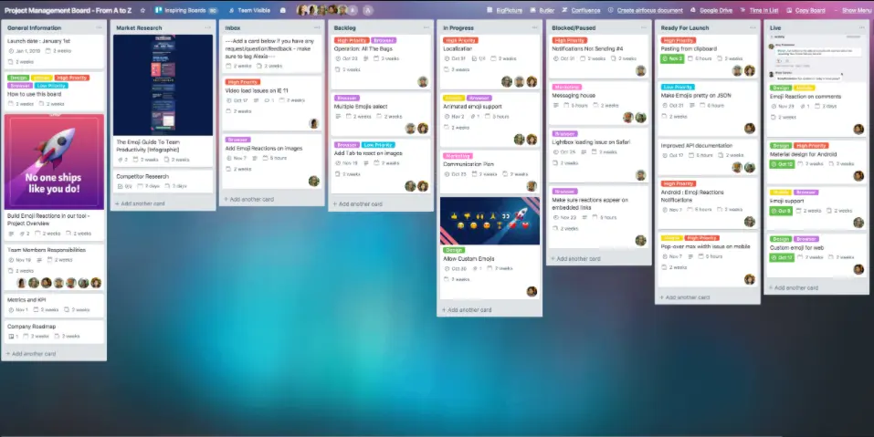 Trello project management board displaying task organization and progress tracking.