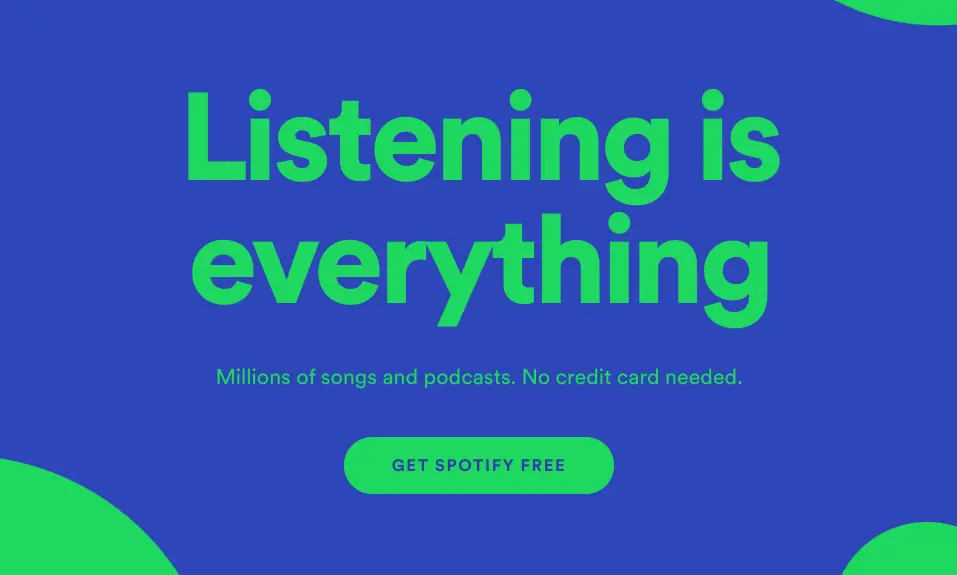 Spotify promotional banner highlighting music and podcast access without a credit card.