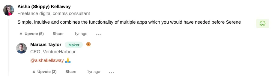 Product Hunt feedback showing user reactions to the Serene app.