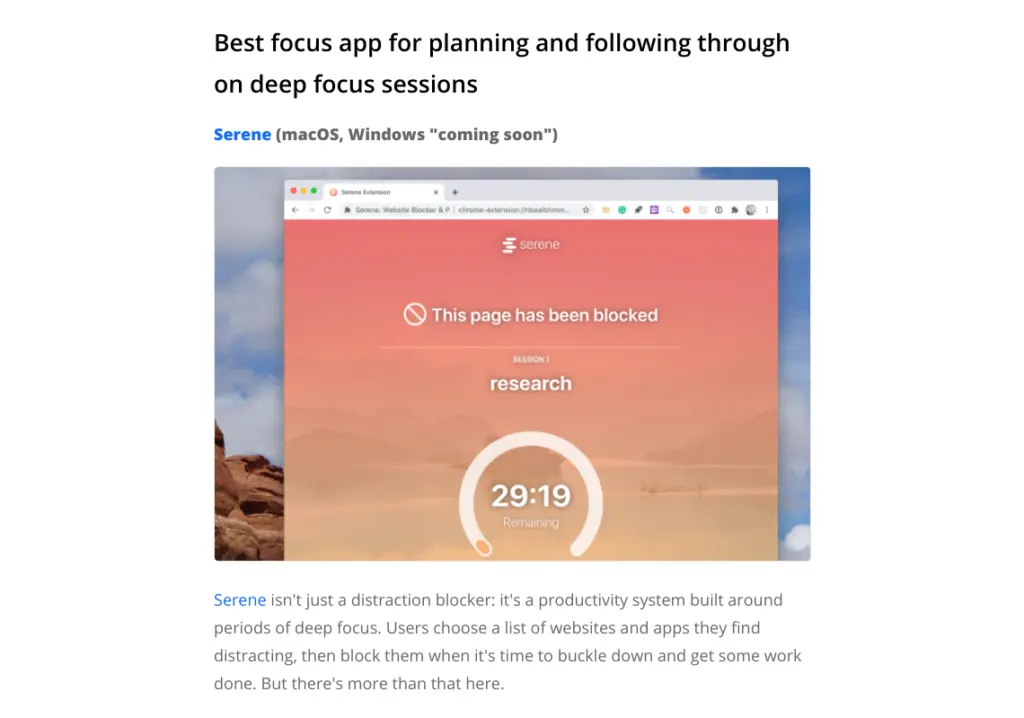 Serene distraction blocker showing a blocked page with a timer.