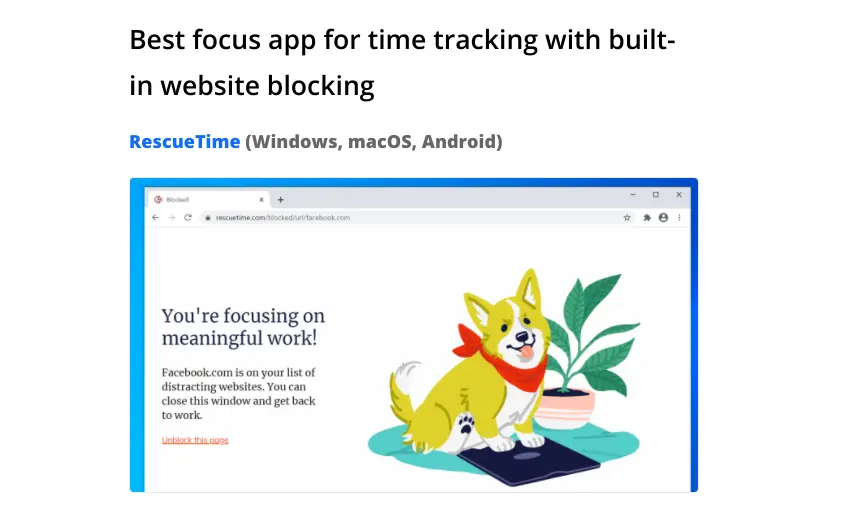 RescueTime website blocking feature showing a distraction warning.