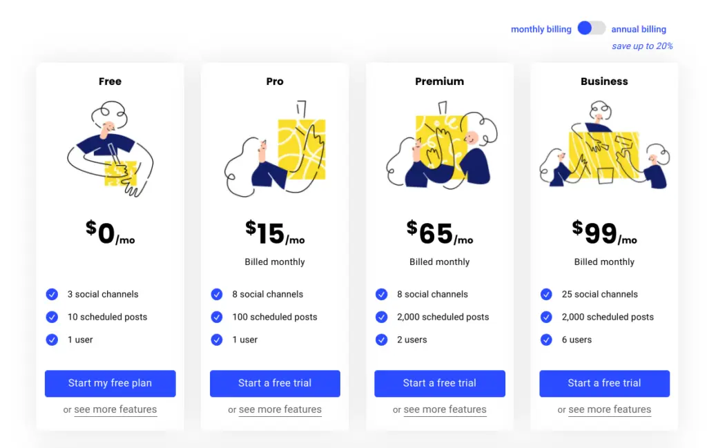 Buffer pricing page showing subscription tiers and features.