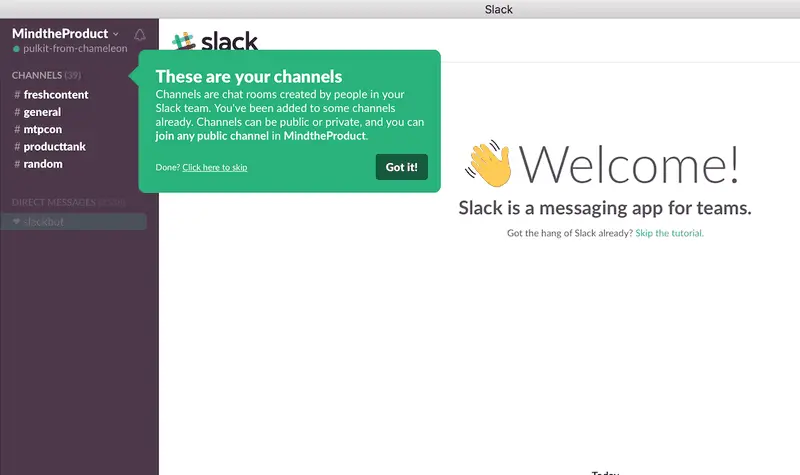 Slack displaying an onboarding guide for new users.