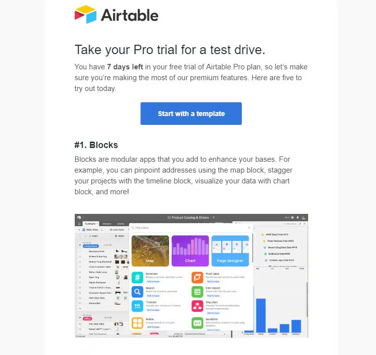 Airtable promotional email encouraging users to start a Pro trial.