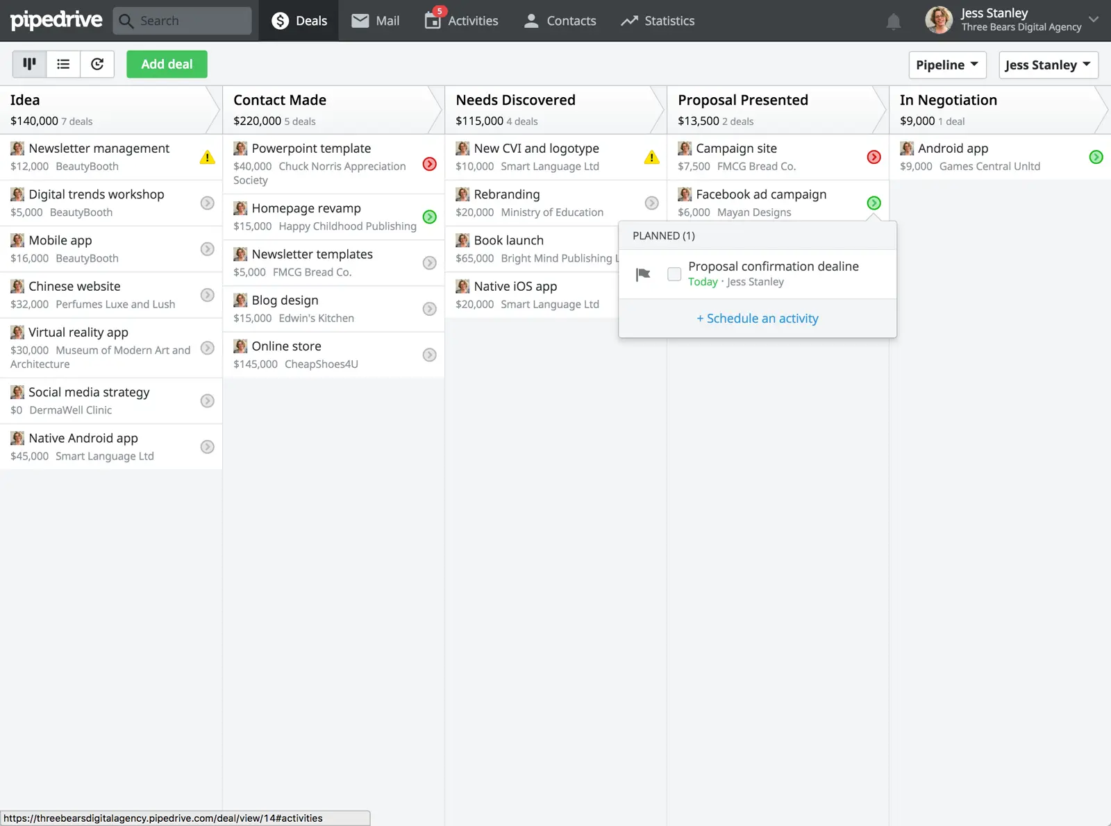 Pipedrive Kanban board displaying various deal stages and values.