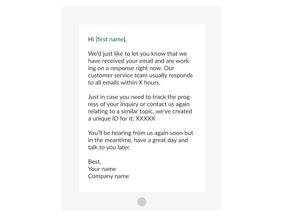 Helpdesk ticket response email template with tracking information.