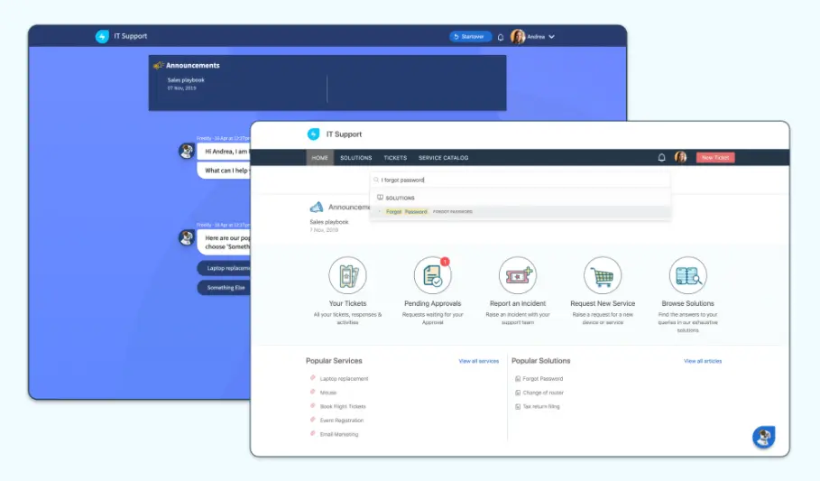 IT Support interface displaying announcements and ticket options.