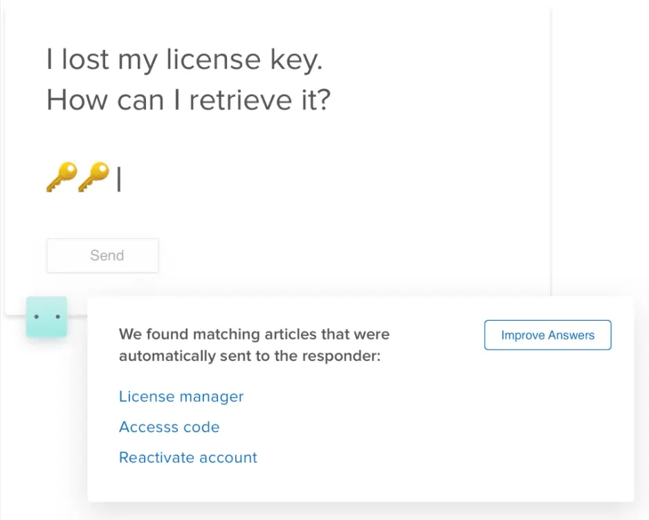 Zendesk ticketing interface displaying a lost key inquiry and suggested articles.