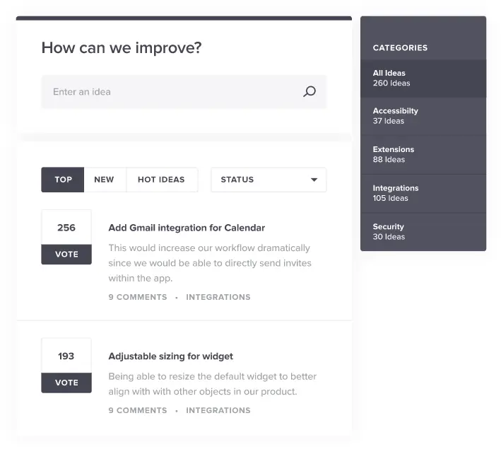 Product feedback tool displaying user ideas and voting statistics.