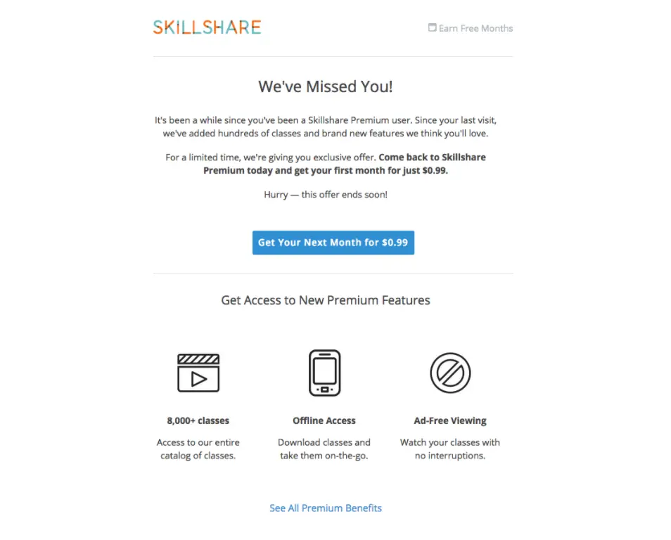 Skillshare email notification promoting subscription renewal with exclusive premium features.