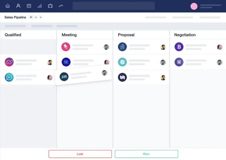 Sales pipeline interface showing stages and drag-and-drop functionality.
