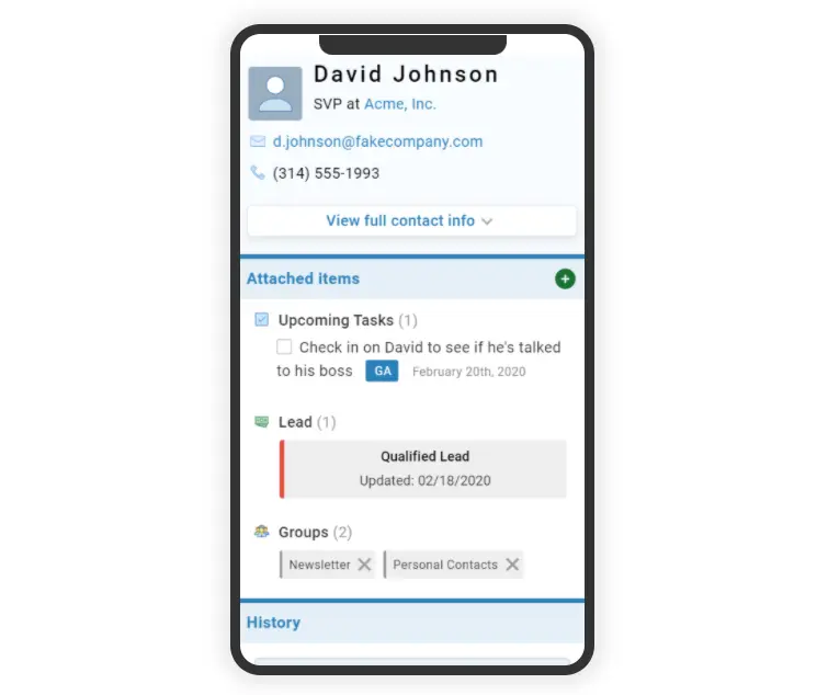 Less Annoying CRM contact profile showing upcoming tasks and lead status.