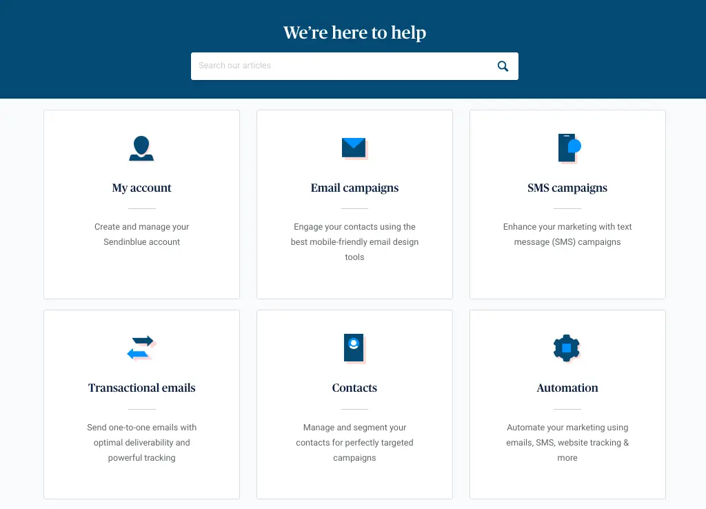 Brevo help center dashboard displaying support article categories.