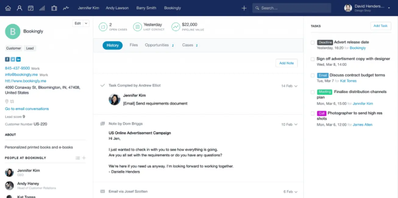 Bookingly interface showing task history and communication details.