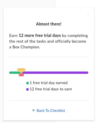 Box onboarding process encouraging users to complete tasks for VIP status.