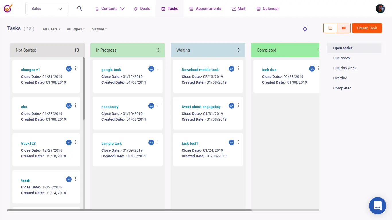 EngageBay task management interface displaying task status and details.