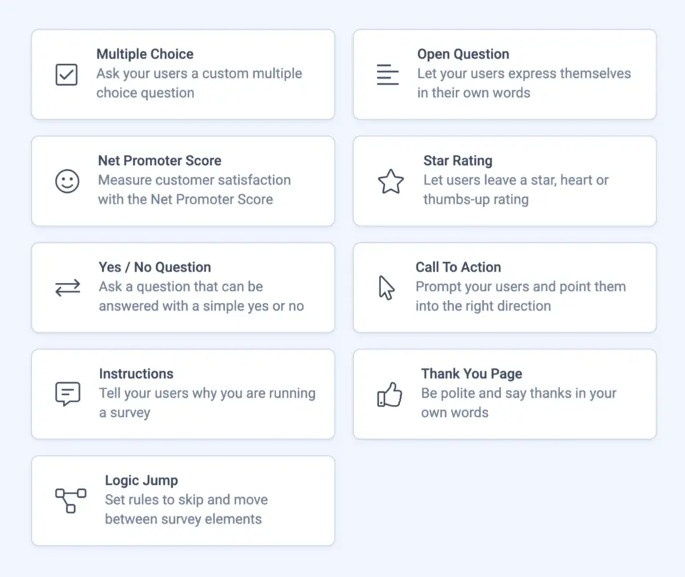 Refiner.io survey question types and options for user feedback.