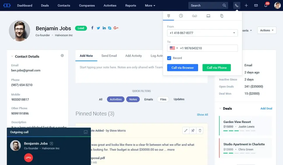 Salesmate dashboard displaying contact details and communication options.