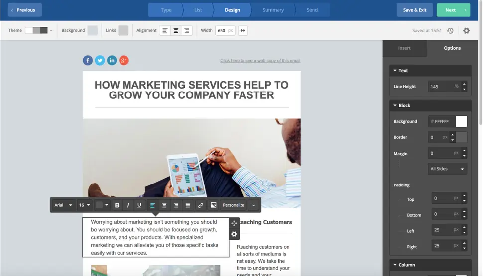 ActiveCampaign design interface showing email campaign editing features.