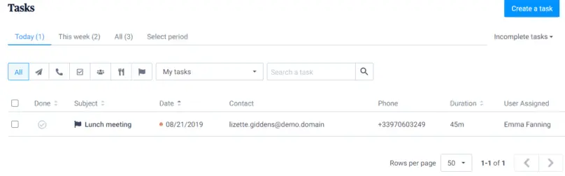 Brevo task management interface showing a list of tasks.