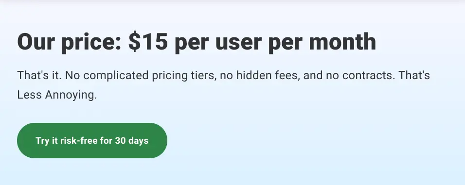 Less Annoying CRM pricing details emphasizing a flat-rate fee.