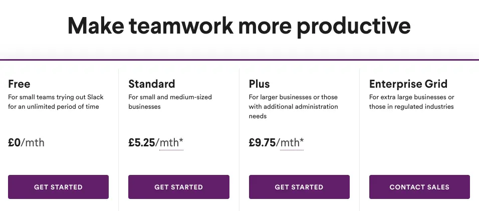Slack pricing tiers showing free and paid plans.