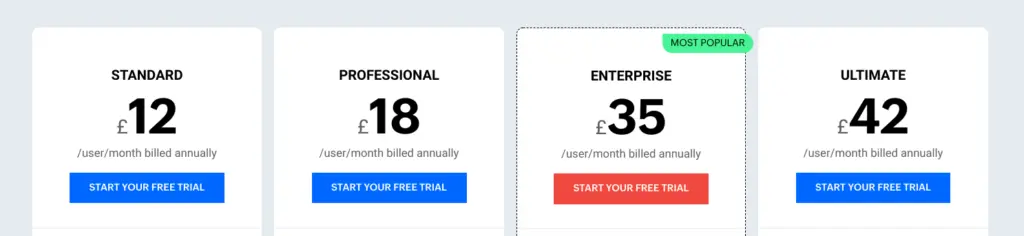 Zoho's CRM pricing plans showing Standard, Professional, Enterprise, and Ultimate options.